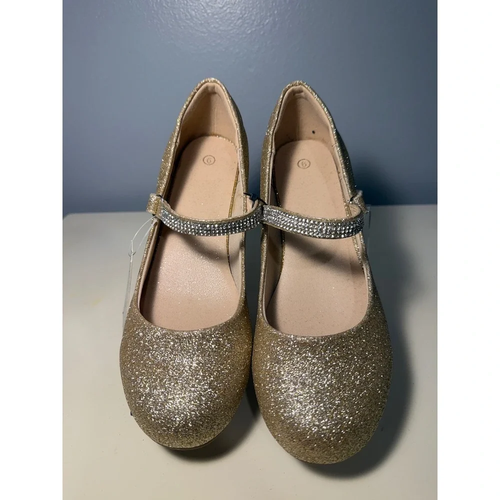 Gold Glitter Mary Jane Block Heel Pumps with Rhinestone Strap Women Size 8